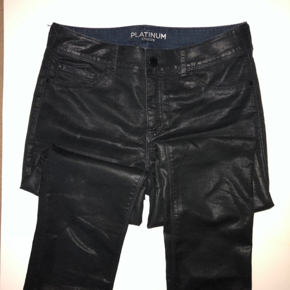 Sz 00 XS Chico's Black Wax Coated Ankle Platinum Jeans